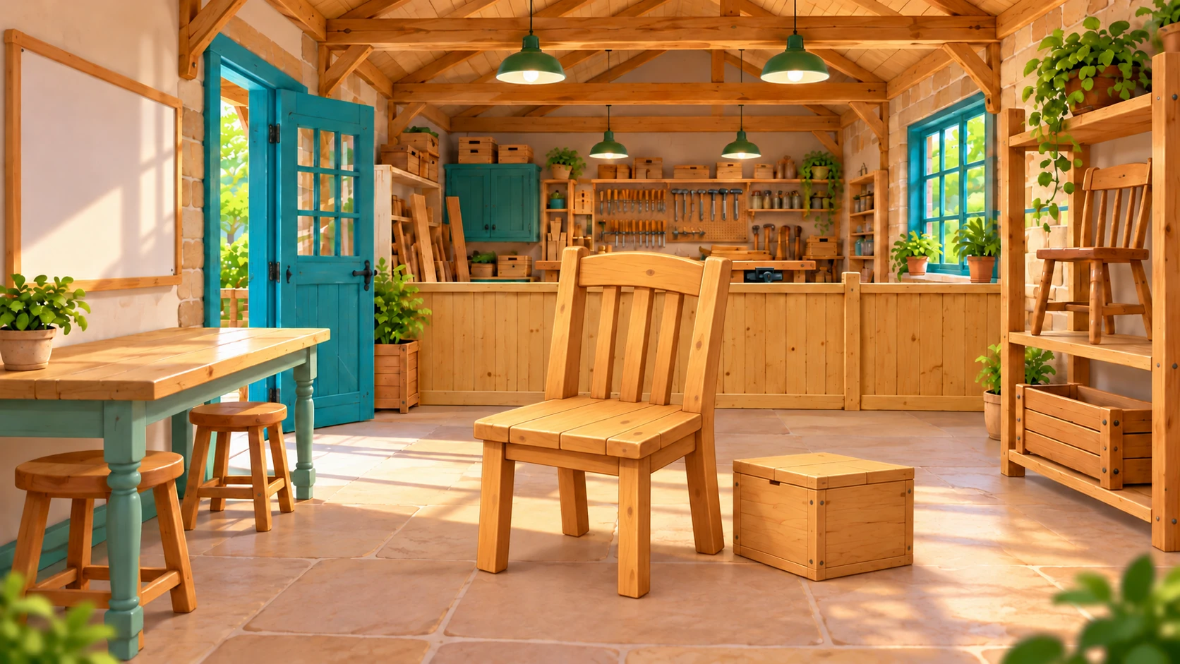 The same workshop with the wooden chair mended: its seat slats are back in place, and the lid of the box beside it is shut.