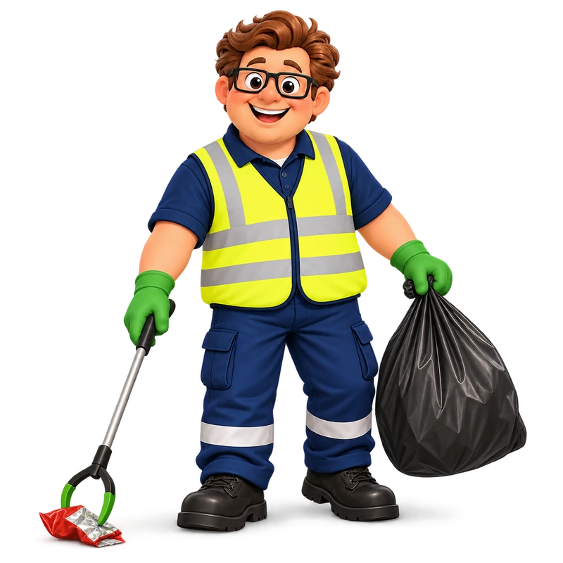 Eddie in green gloves and a yellow vest, holding a litter grabber pointed at the ground and a bag.