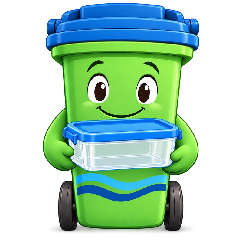 Buddy the wheelie bin holding a clean, empty plastic tub with a blue lid.