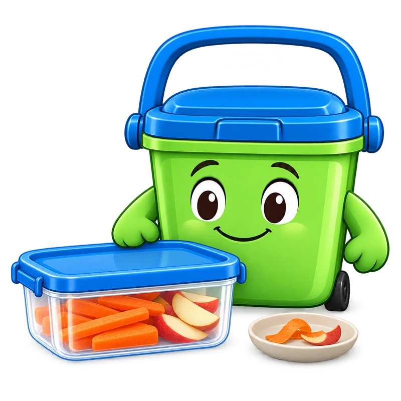 Wee Bin the food caddy smiling beside a closed tub of carrot sticks and apple slices, with a small dish of peelings.
