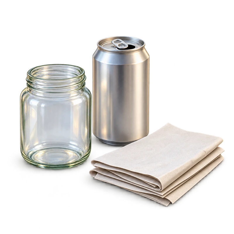 A clean empty glass jar, an empty drinks can and a few sheets of folded paper, set out loose.