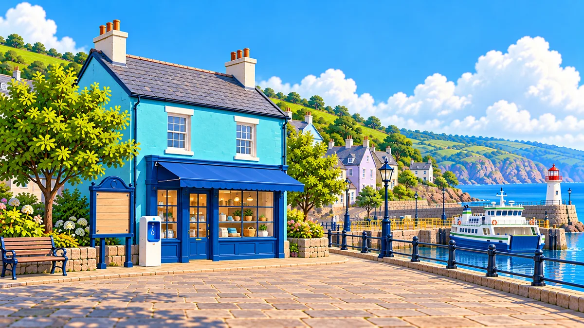 The island shop: a bright turquoise shop with a blue awning by the pier, with a water refill point by the door.