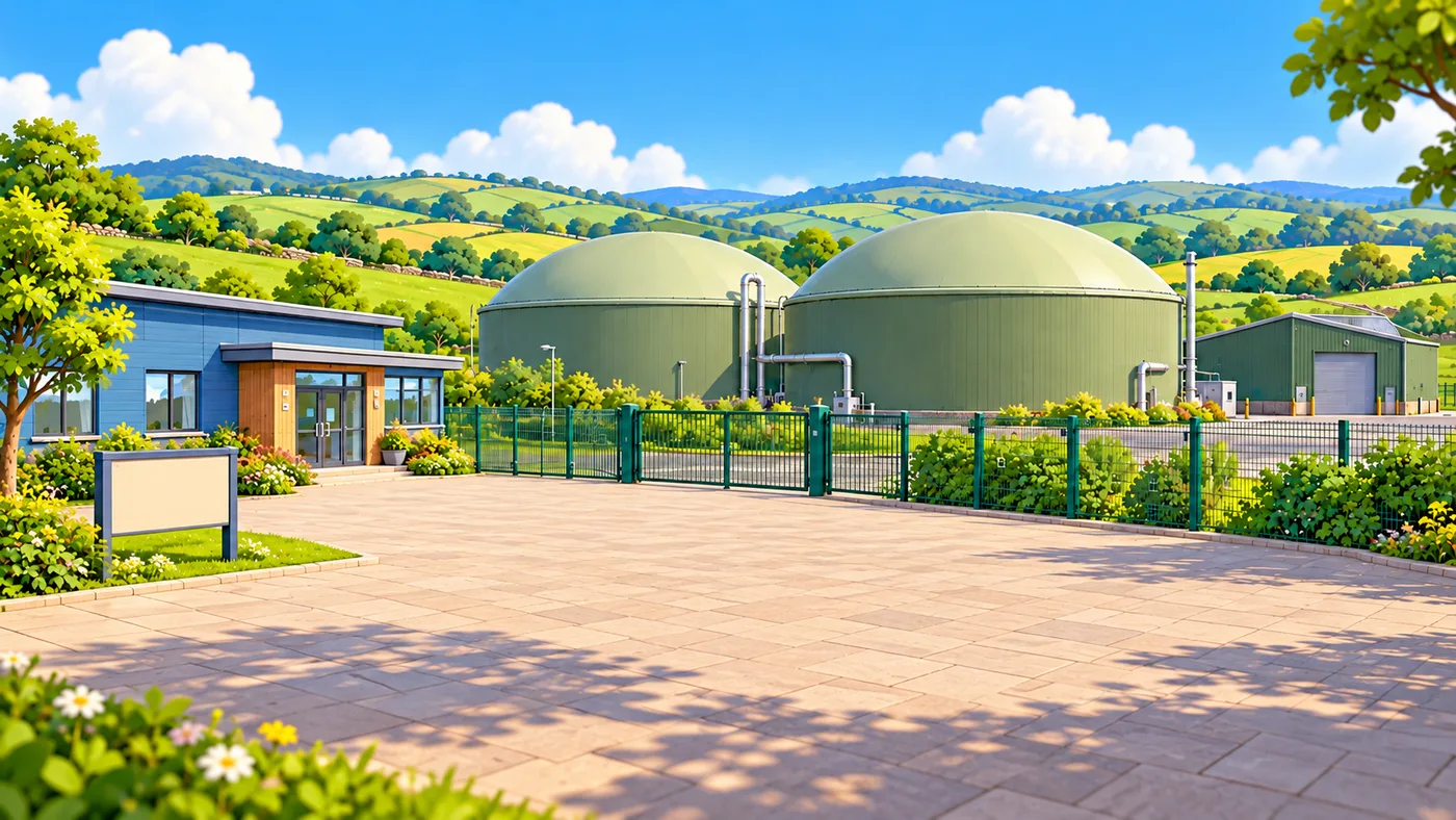 The visitor terrace at the bio plant: a paved viewing area and a blank display board in front of the fence, with the two green tanks behind it.