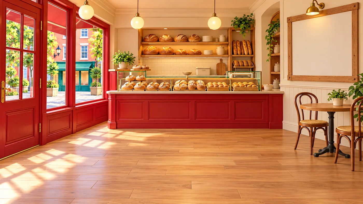 Inside the café: a red counter with bread on the shelves, a small table and a noticeboard on the wall.