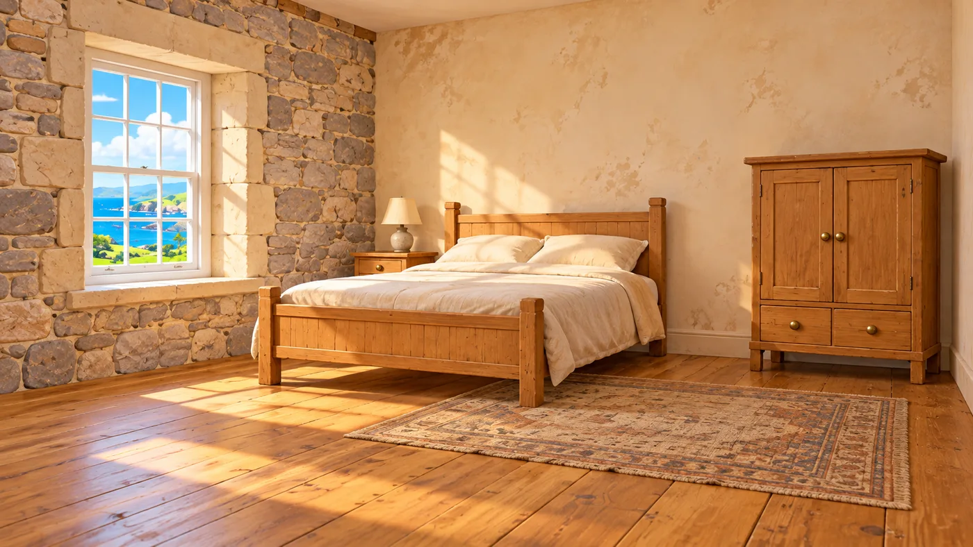 A castle guest room before restoration: a stone wall, a bed and an old wooden cupboard.