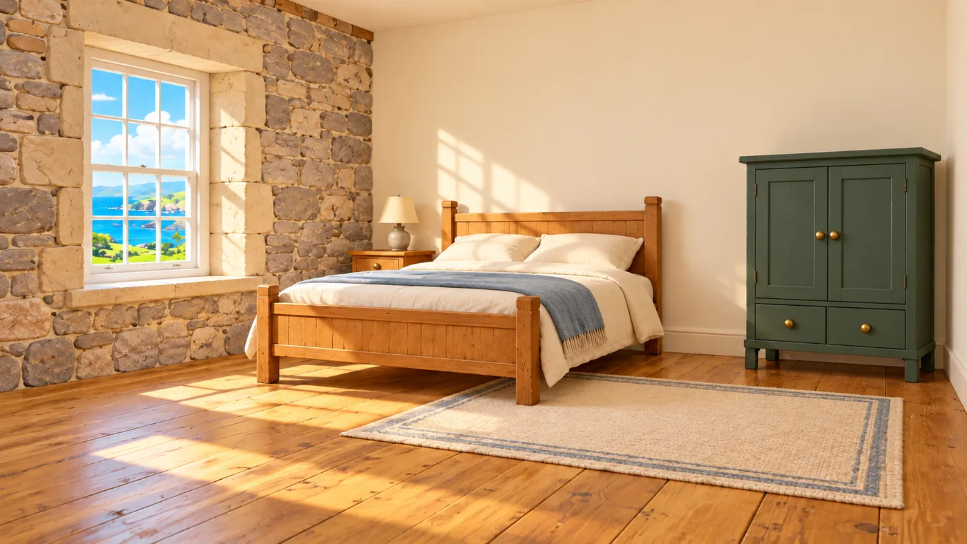 The same guest room after restoration: the bed made up with a new cover and the old cupboard painted green.