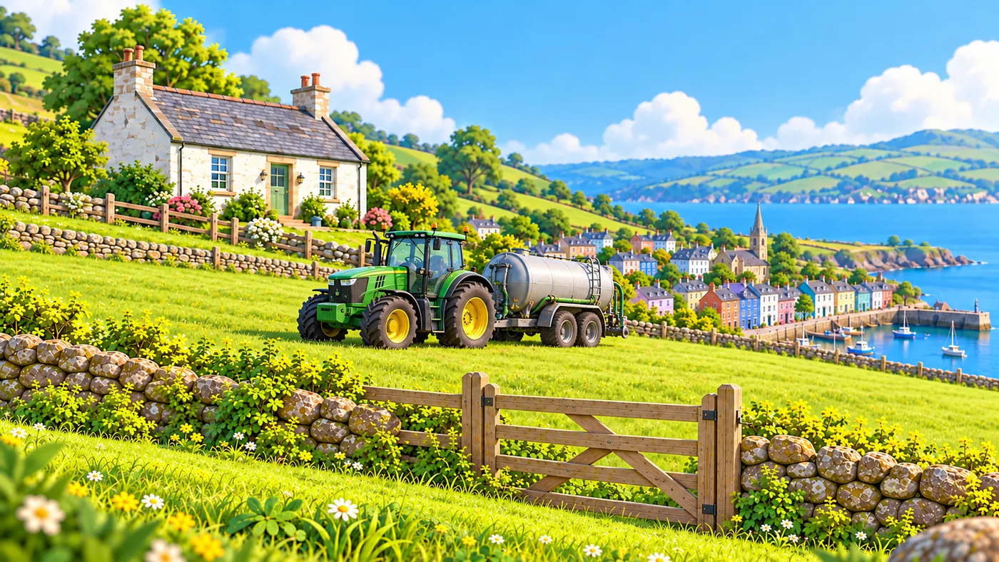 A tractor spreading fertiliser on a field on the hill, with the wee white cottage behind.