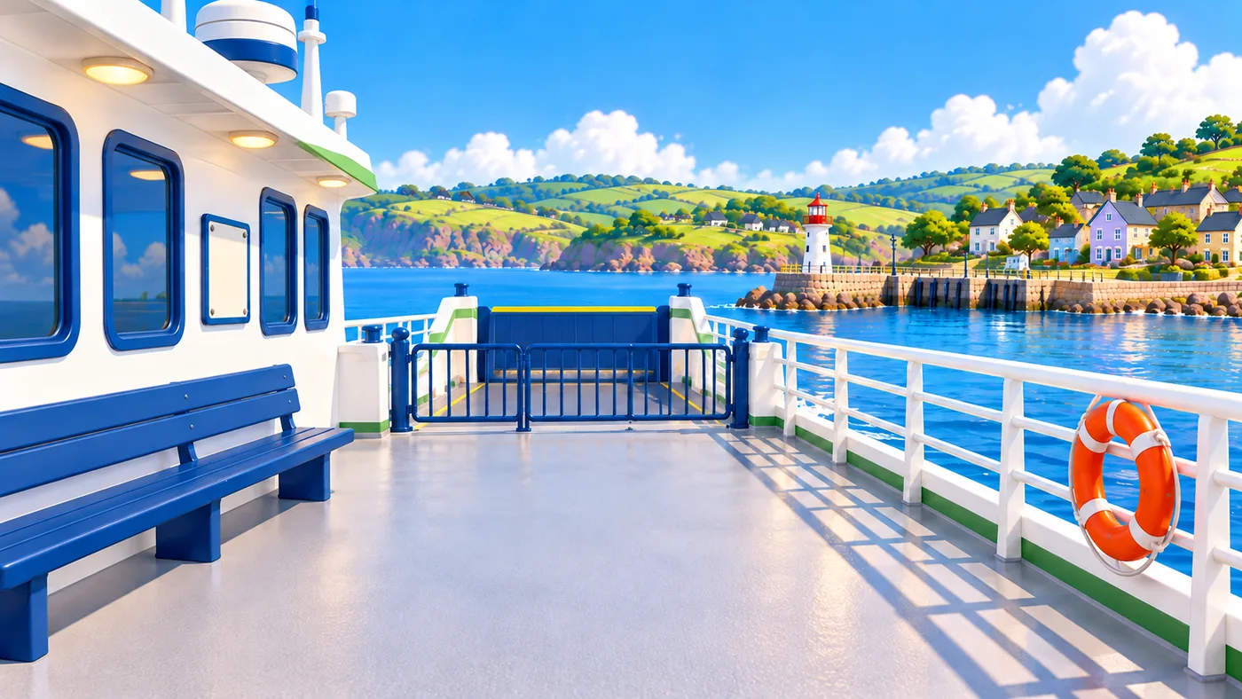 The passenger deck: a bench and railings, with the vehicle deck kept separate behind a gate.