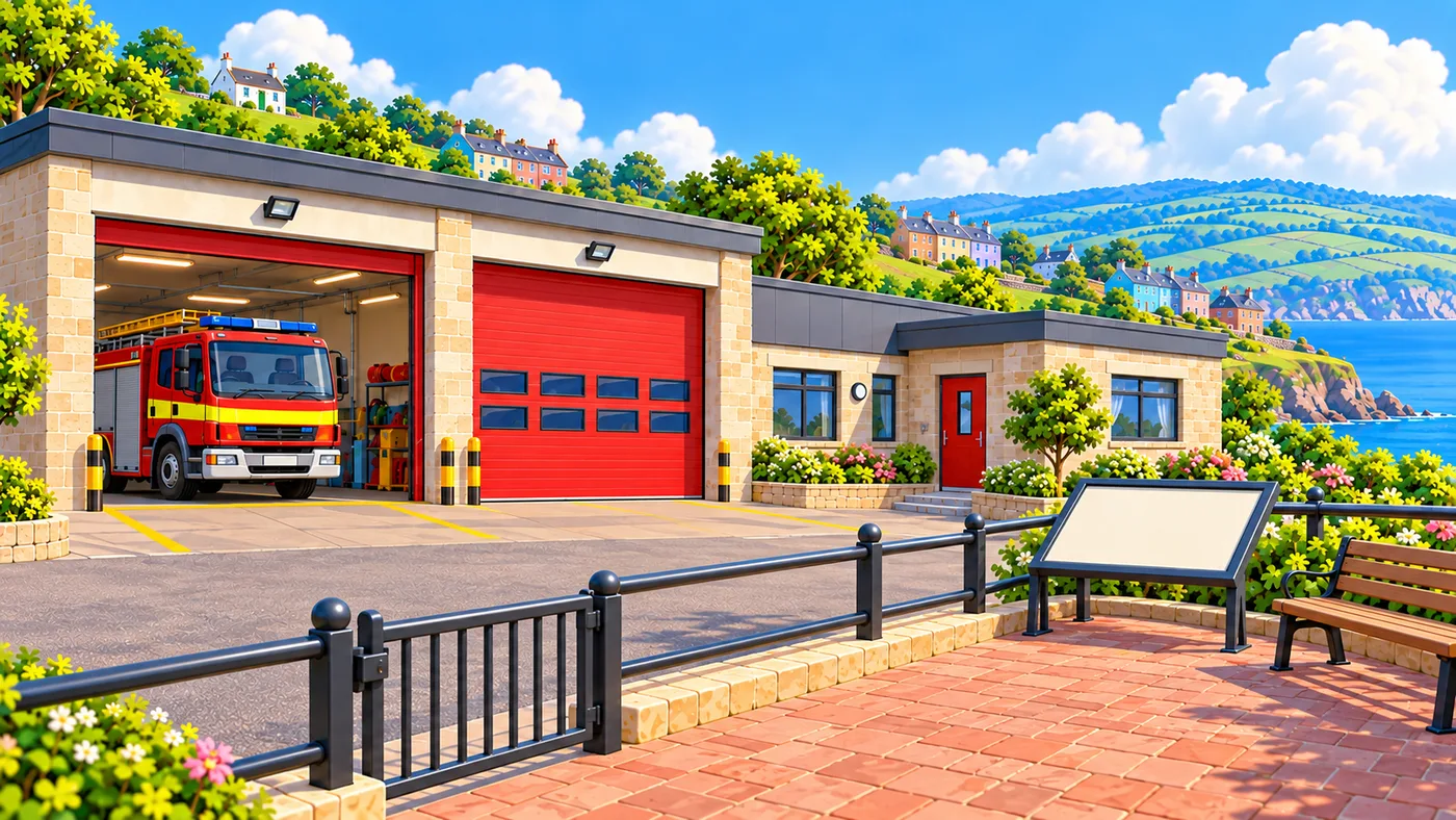 The visitor area at the fire station: a paved space behind a railing, with a bench and a blank board.