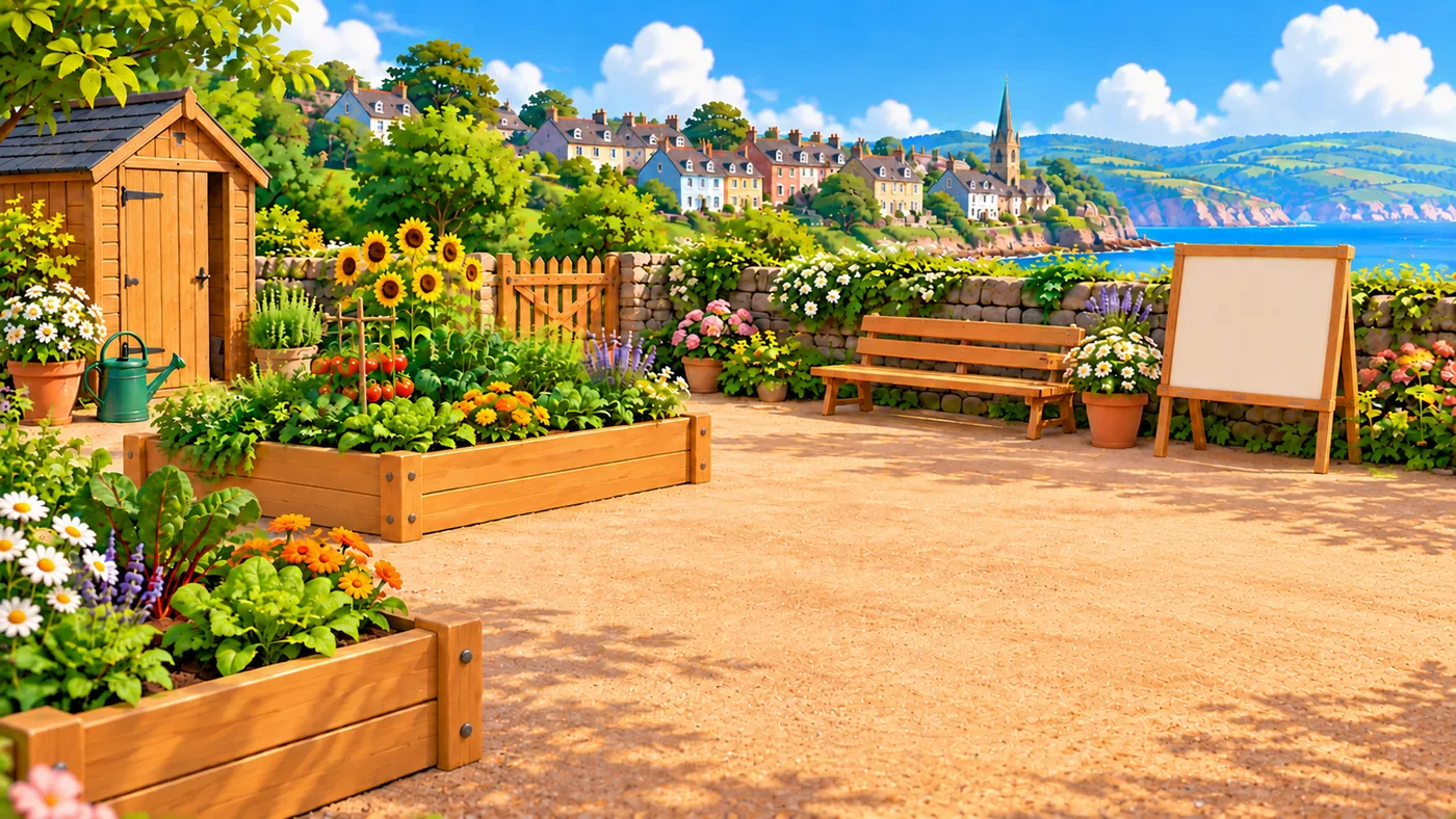 The shared learning area in the garden: raised beds, a bench and a blank easel board for lessons.