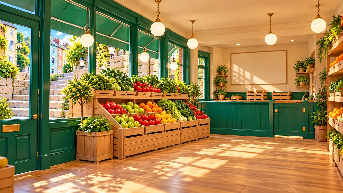 Inside T Stephens: wooden crates of apples, tomatoes and greens along the window, and a green counter.