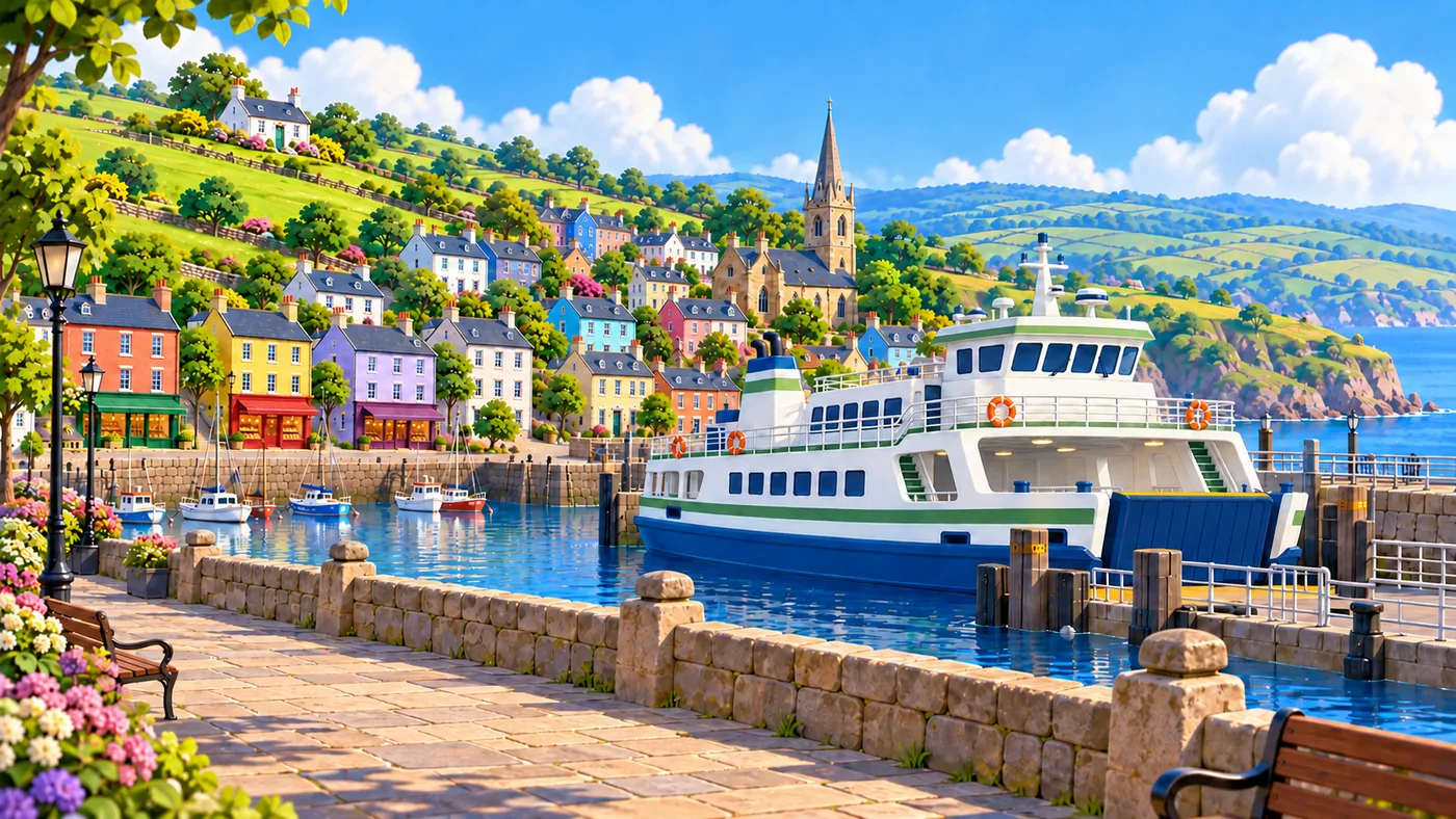 Gullbrae harbour: the ferry at the pier, small boats on the water and the colourful town behind.
