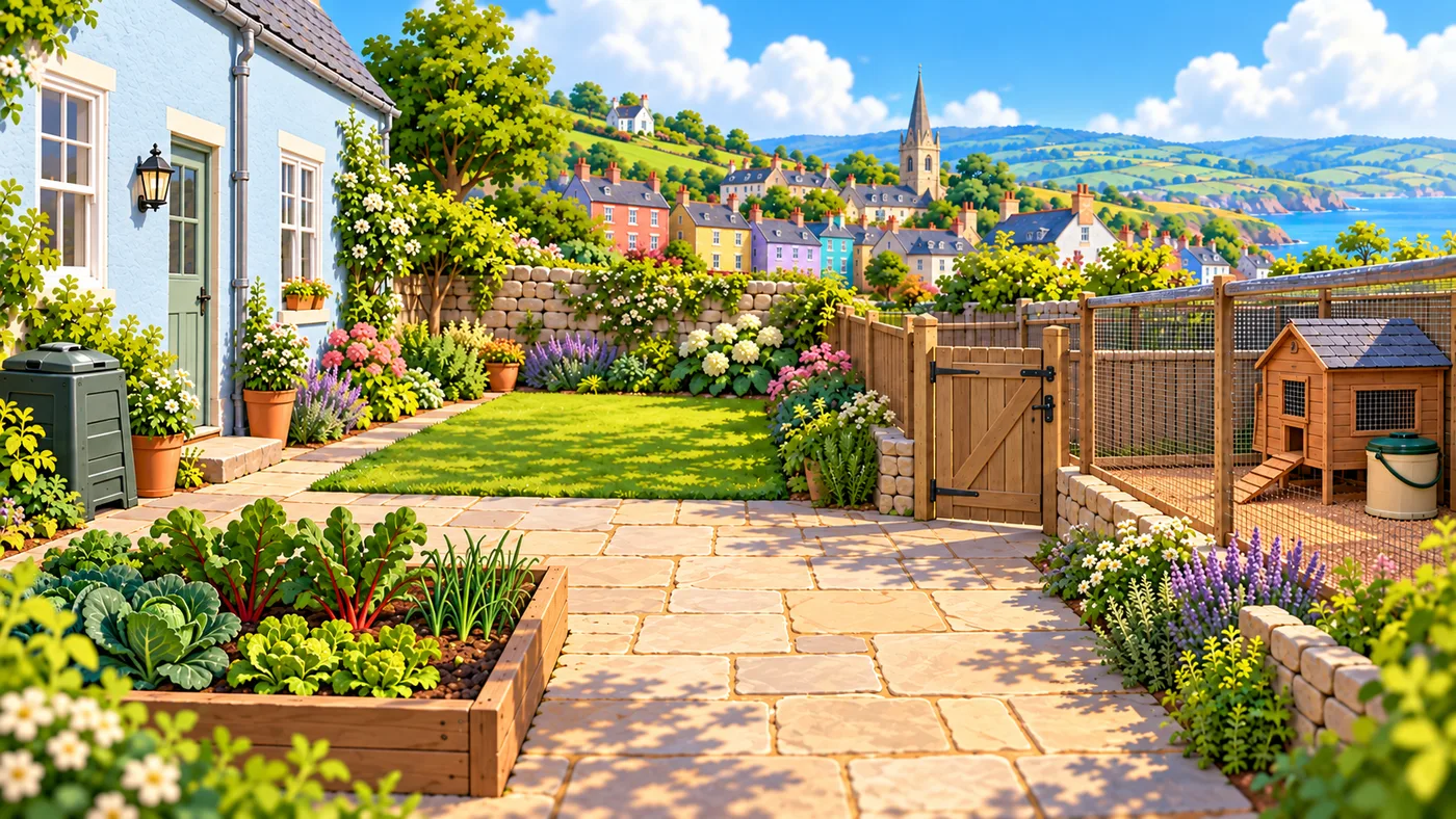 A home garden: a vegetable bed and a path, with a fenced hen run and hen house kept separate at the side.