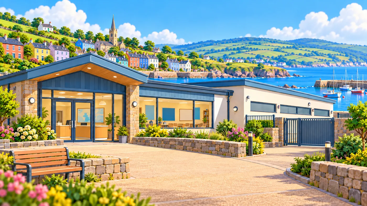 The marine hospital: a low building with big windows by the harbour.