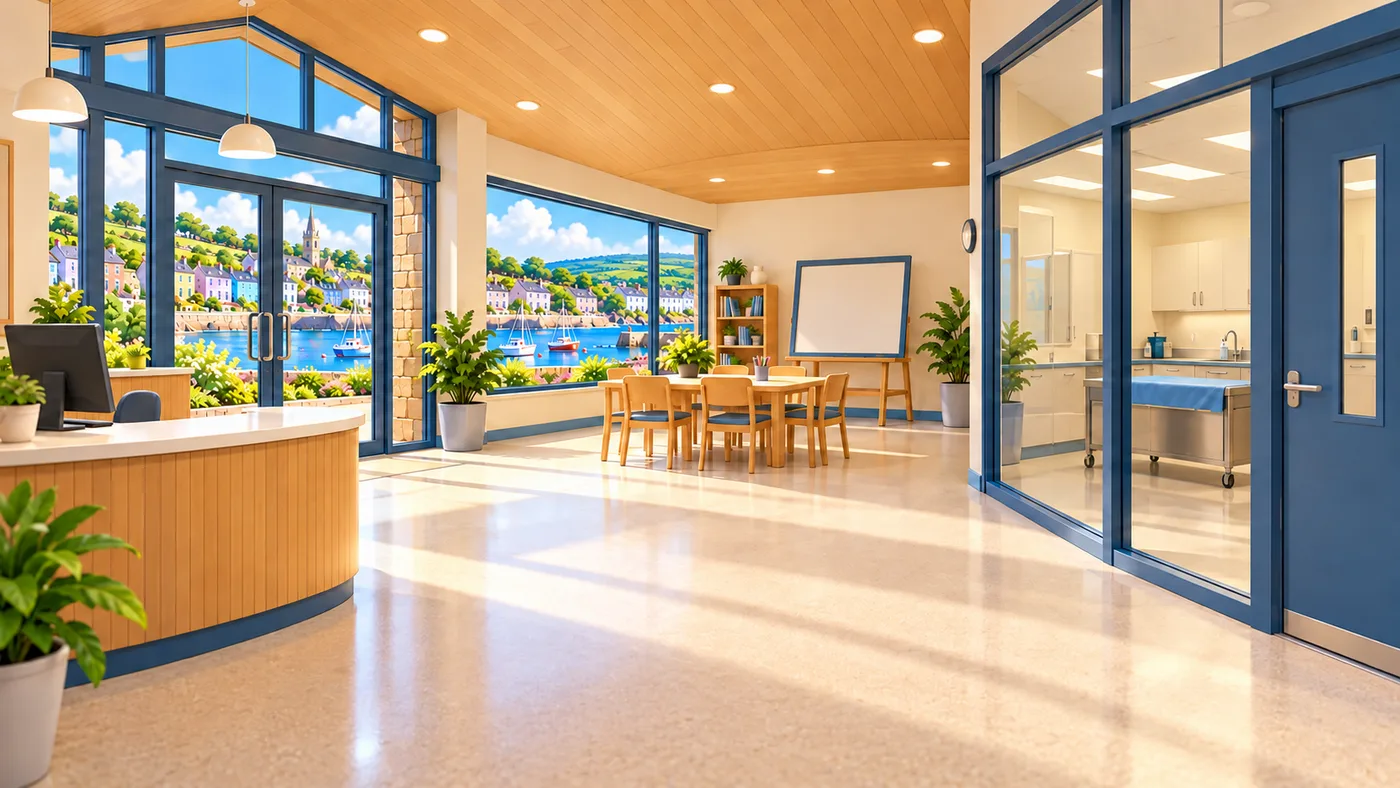 Inside the marine hospital: a reception desk, a learning room with tables, and a closed door to the care rooms.