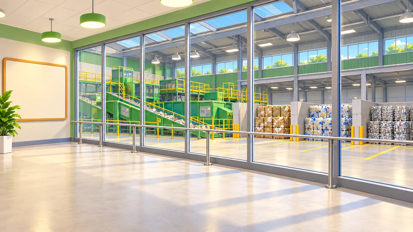 The visitor gallery: a glass wall looking down on conveyors and bales of sorted material.