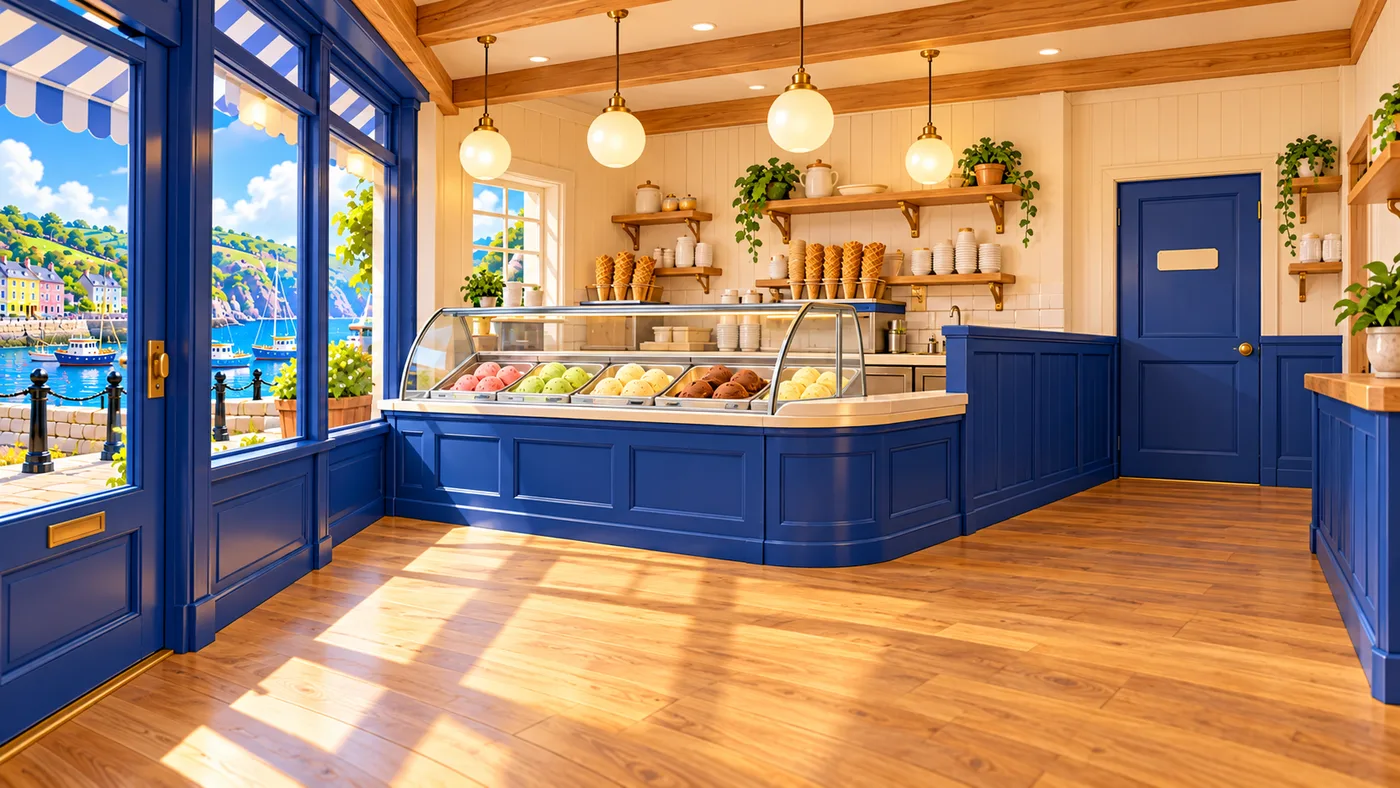 Inside the parlour: a blue counter with a glass case of ice cream and a staff door at the back.