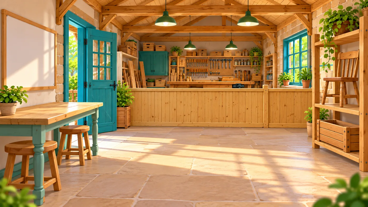Inside the workshop: a long wooden bench, tools on the wall and shelves of things waiting to be mended.