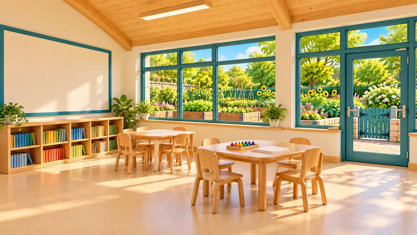 A classroom: small tables and chairs, bookshelves and a door out to the learning garden.