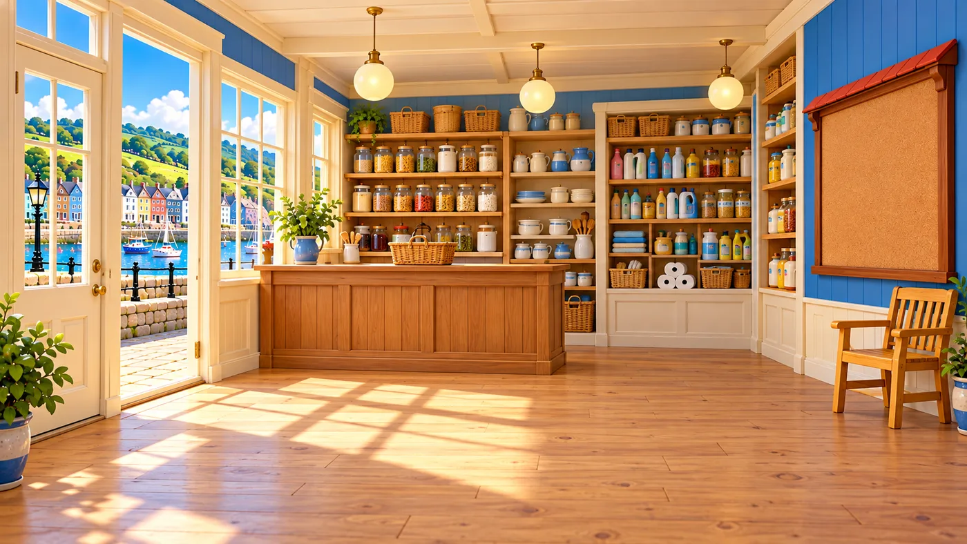 Inside the village store: a wooden counter, shelves of jars and tins, and a noticeboard on the wall.