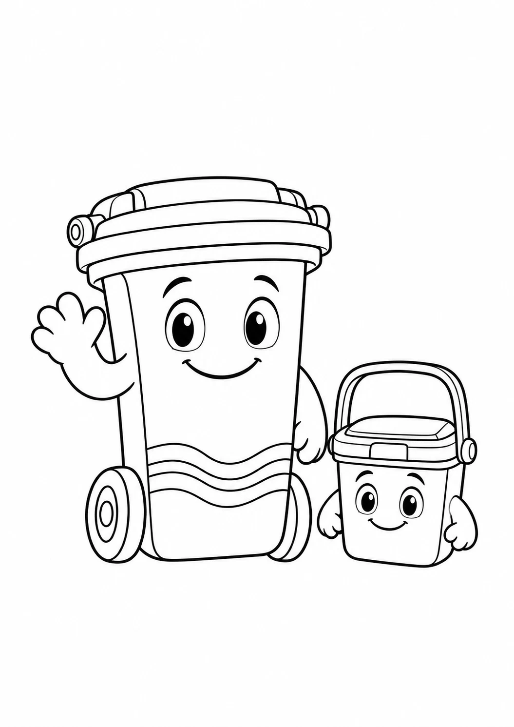 A black and white drawing to colour in: Buddy, a smiling wheelie bin, waves hello, and Wee Bin, a small smiling food caddy with a handle, stands beside him.