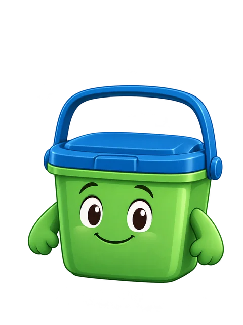 Wee Bin, a small smiling green kitchen caddy with a blue lid and a carry handle.